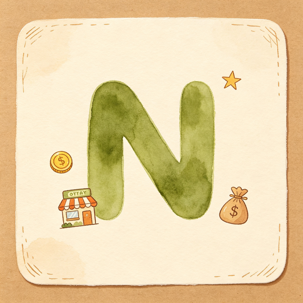 金钱图鉴封面：字母 N 与小商店硬币